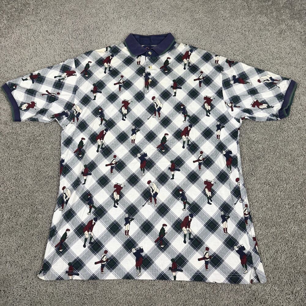Sport Polo Shirt Mens XL White Argyle Golfers All Over Print Cotton Golf